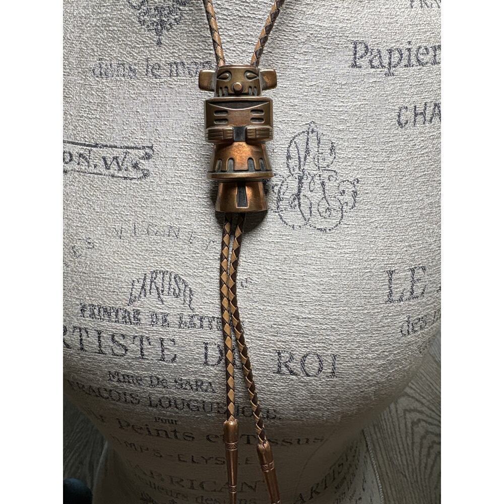 Vintage Bolo Tie w/ Tribal Brutalist Pendant | Copper Look Western